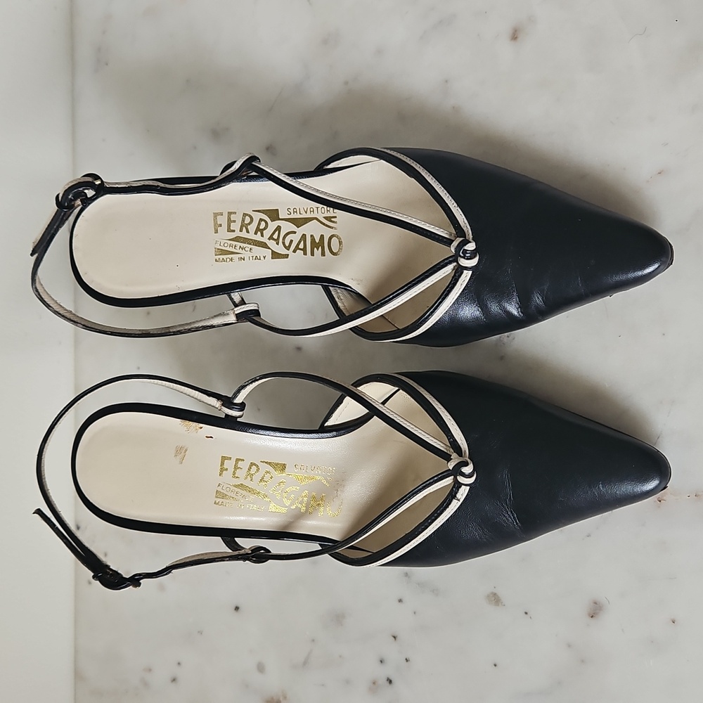 FERRAGAMO: Black And White Elegant Vintage Slingback Heels